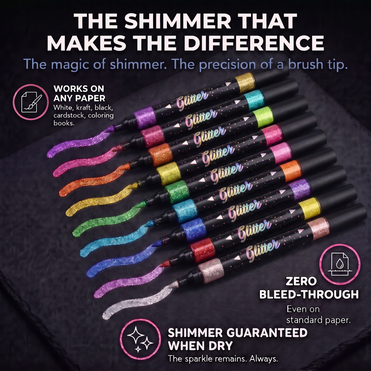 Dual-tip glitter markers with two colors each and their glitter strokes