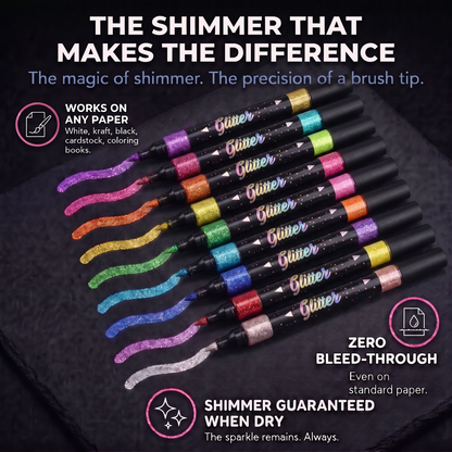 Dual-tip glitter markers with two colors each and their glitter strokes