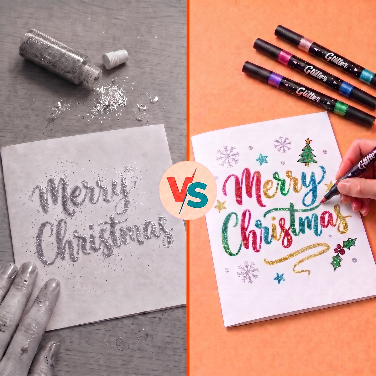 Loose glitter versus glitter markers on a Merry Christmas card