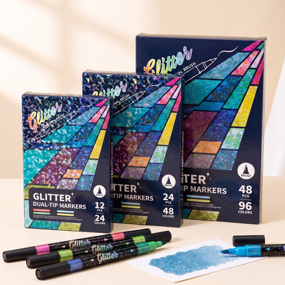The three glitter marker sets: 24, 48 and 96 colors