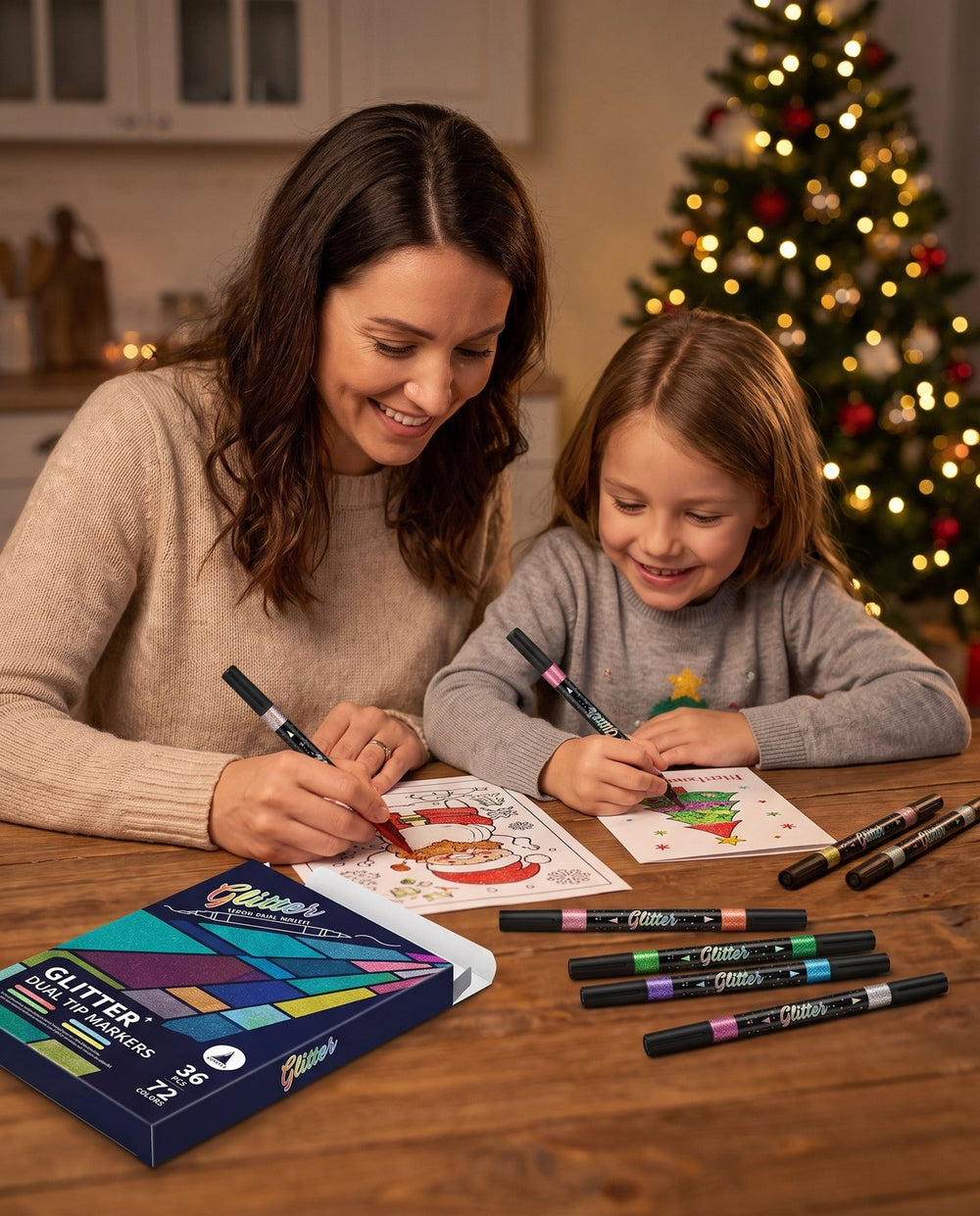 Family coloring Christmas pages with glitter markers