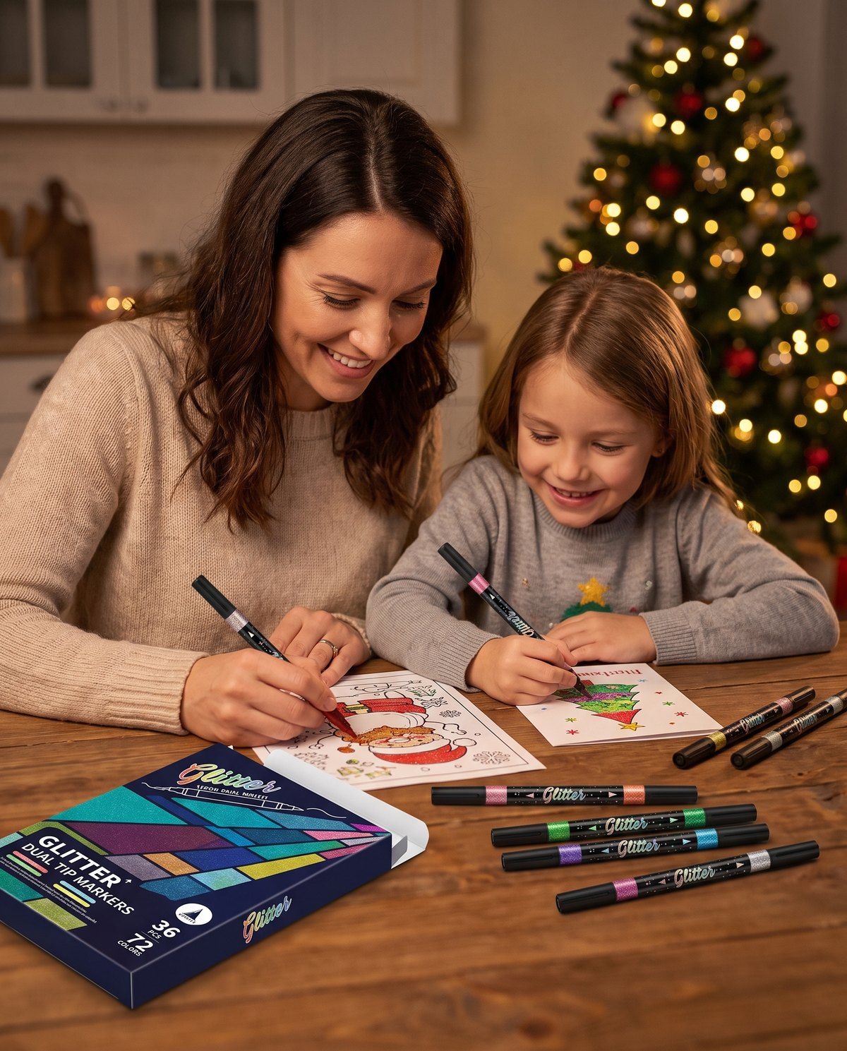 Family coloring Christmas pages with glitter markers