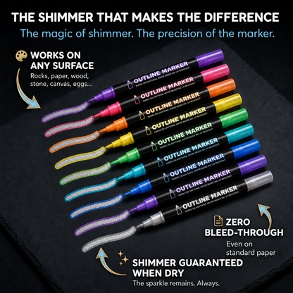 Outline markers drawing silver glitter lines with a color outline
