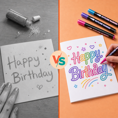 Plain birthday card versus a magic outline Happy Birthday card