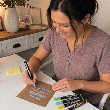 Mom writing a card to her daughter with outline markers