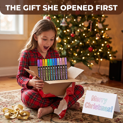 Girl opening Magic Outline Markers on Christmas morning