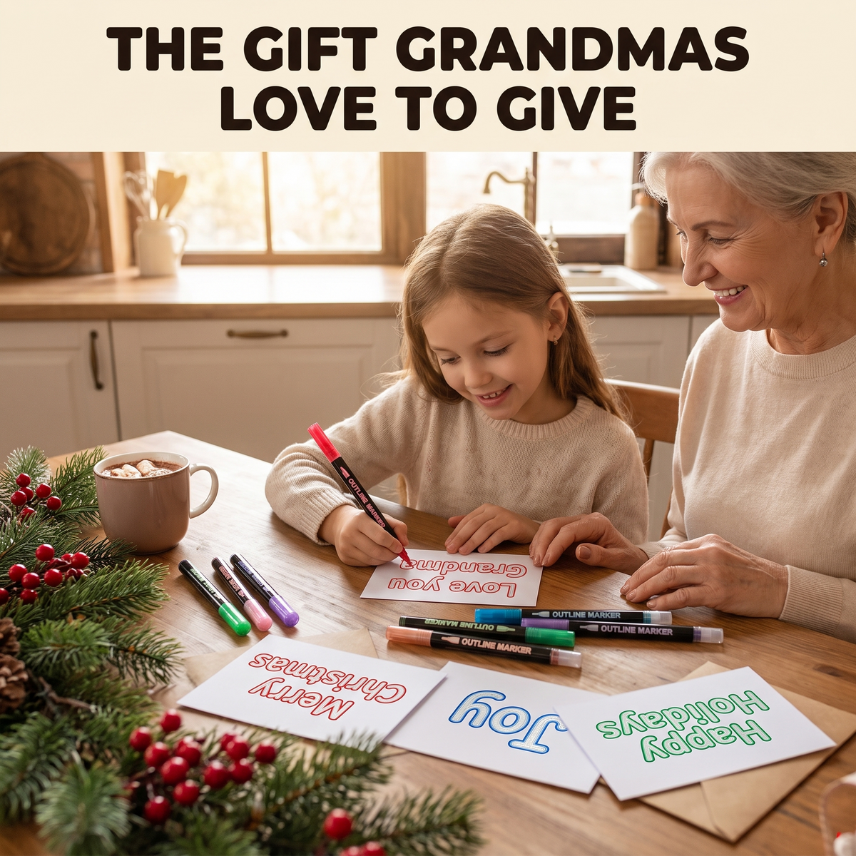 Grandmother and granddaughter making Christmas cards with outline markers