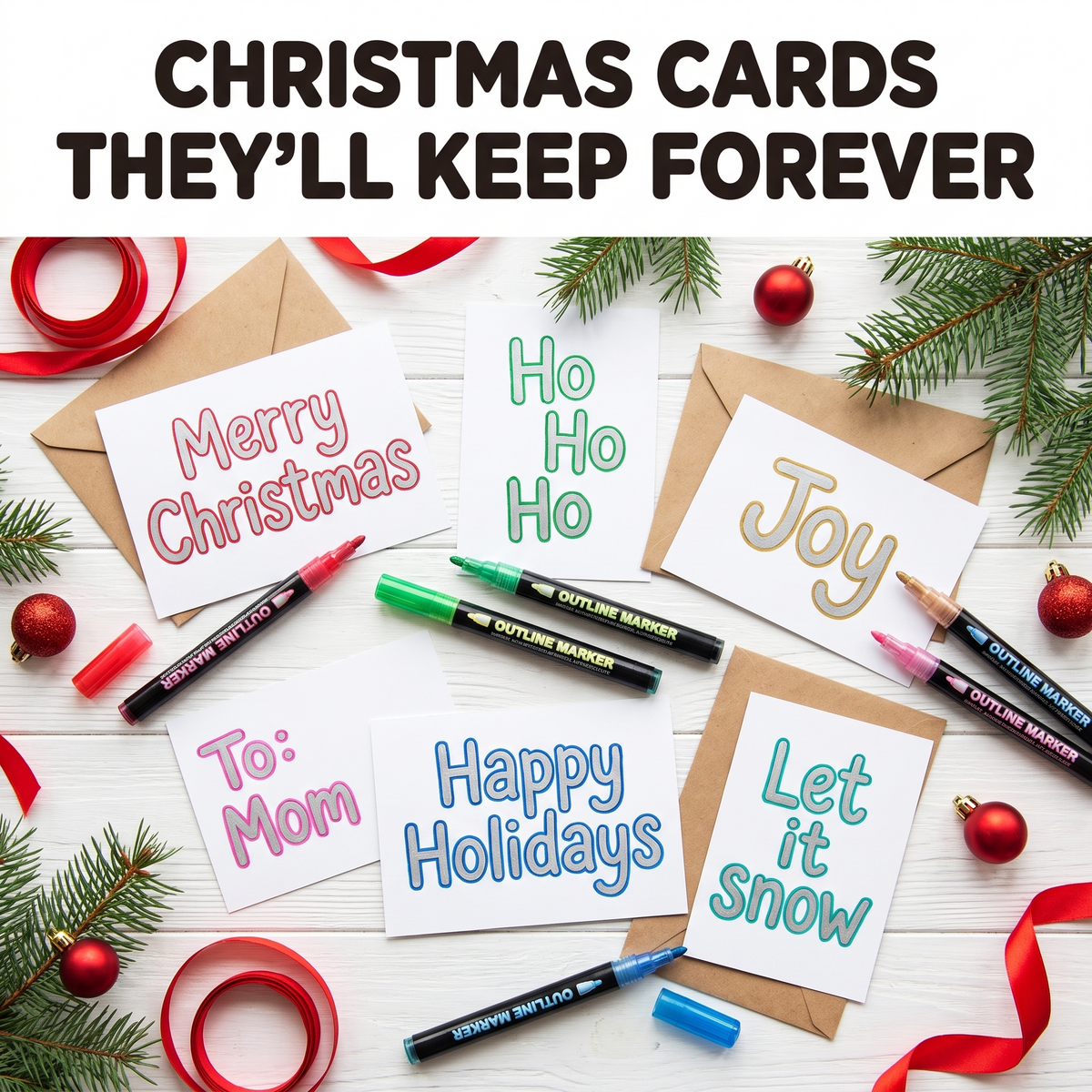 Handmade Christmas cards written with outline markers