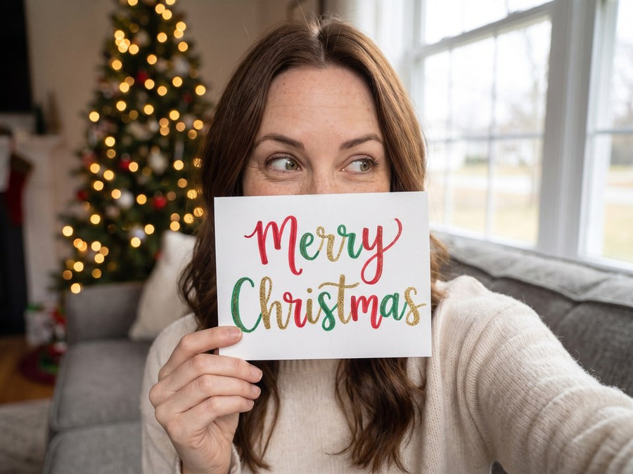 Kate holding a glitter Merry Christmas card