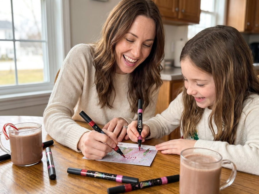 Kate and her daughter Lily coloring with glitter markers