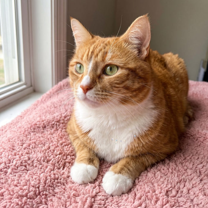Trinka the cat on a pink blanket